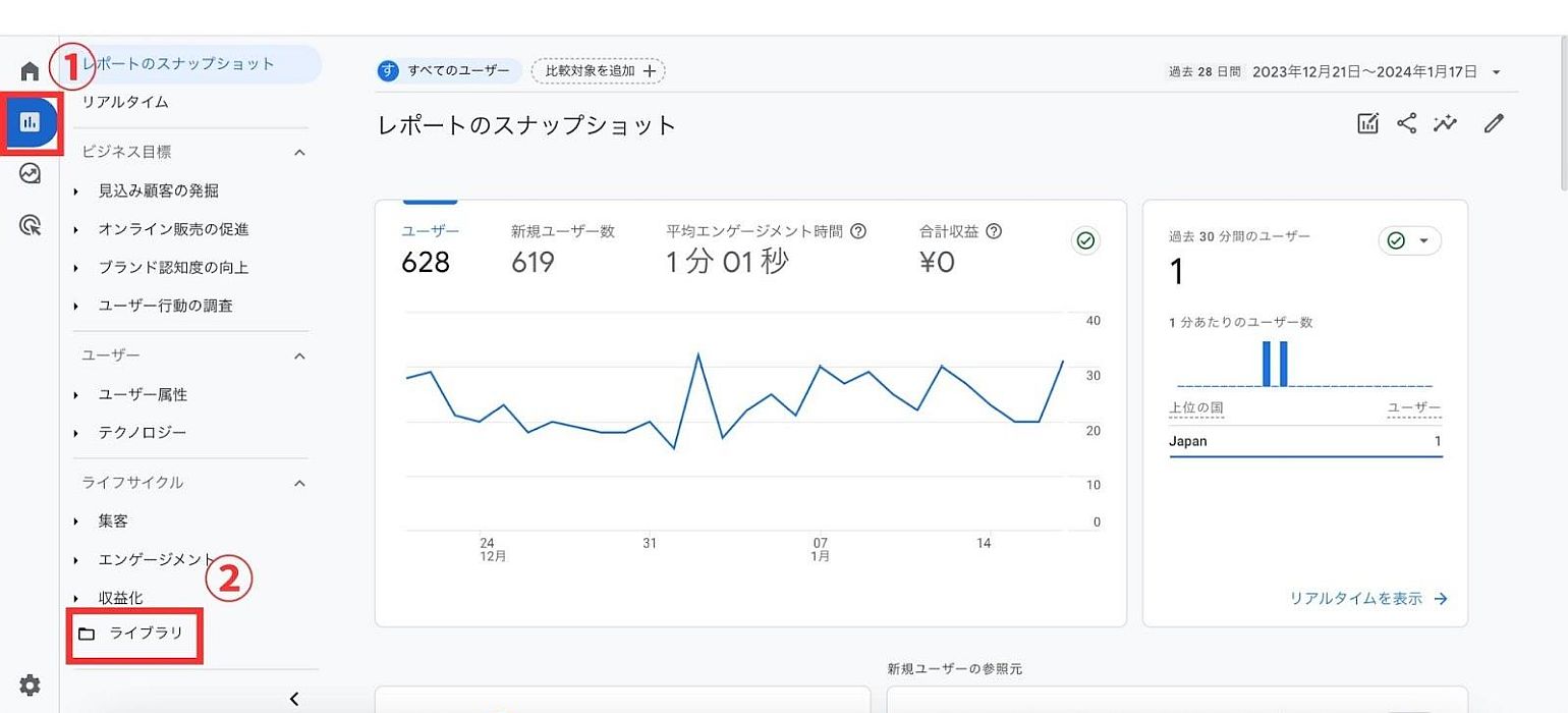 GA4管理画面｜「レポート＞ライブラリ」をクリック